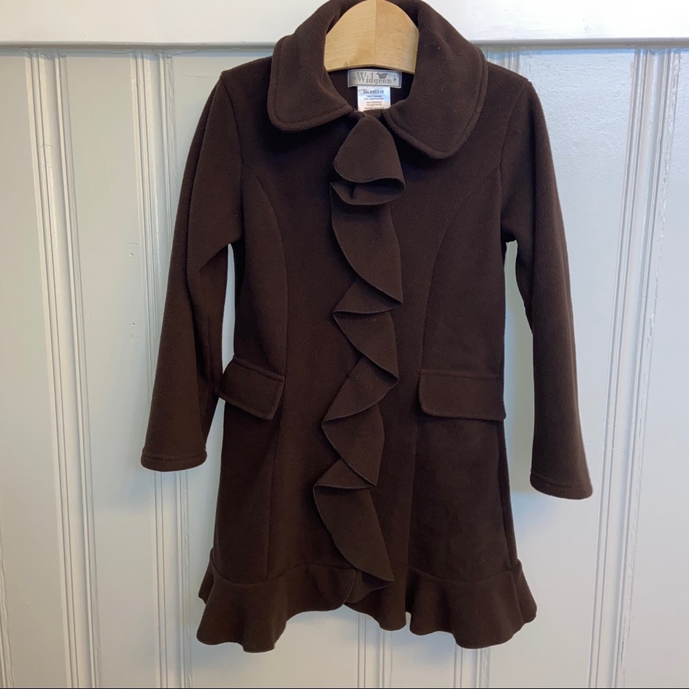 Widgeon Girl’s Long Brown fleece coat w/ruffles warm neutral layers classic